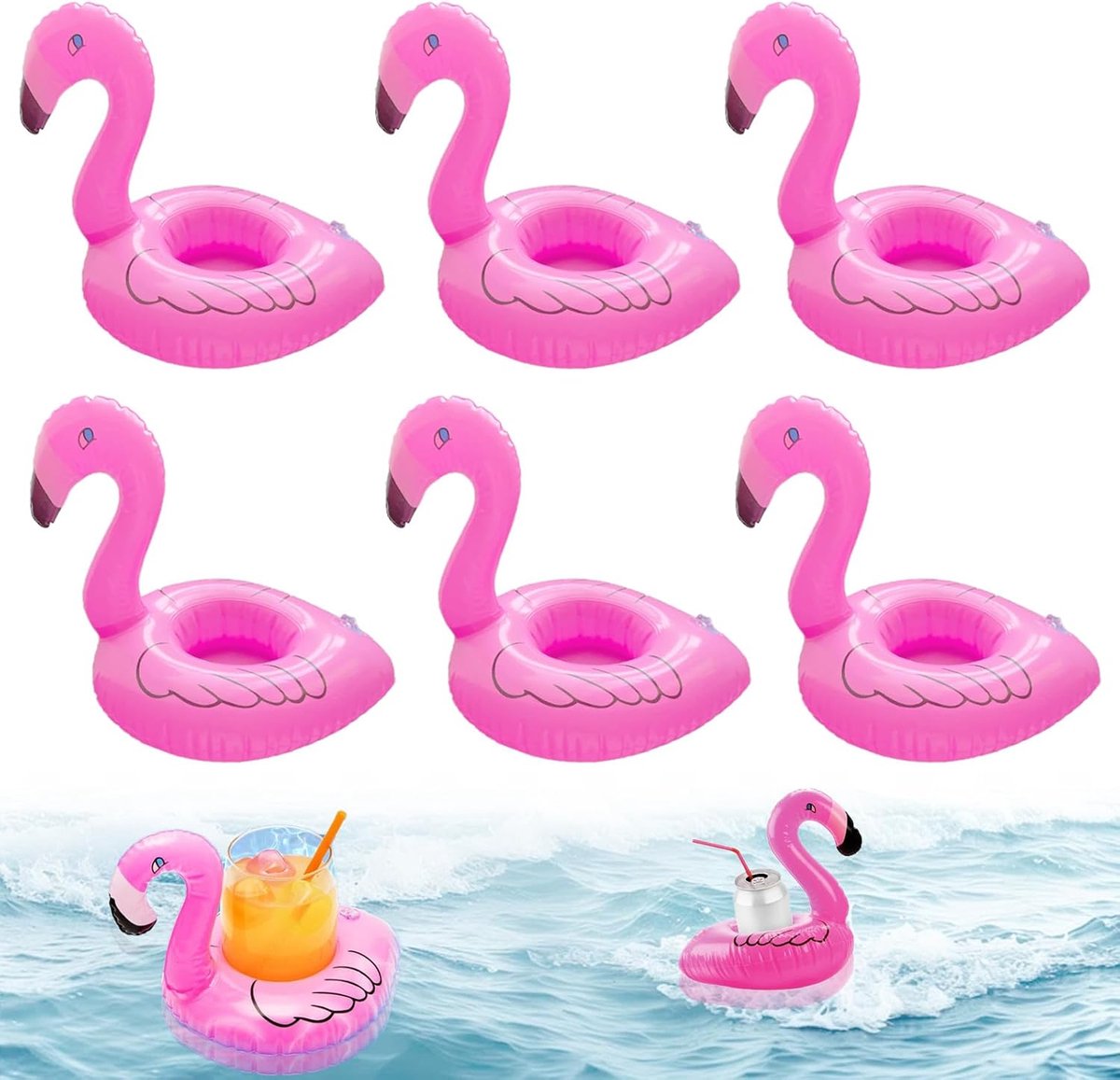 SnelShoppen - Inflatable Bottle Holder 6 Stuks - Opblaasbare Drinkhouders Flamingo Unicorn - Ideaal voor Bier Fles Champagnes Glas - Mini voor Kindere
