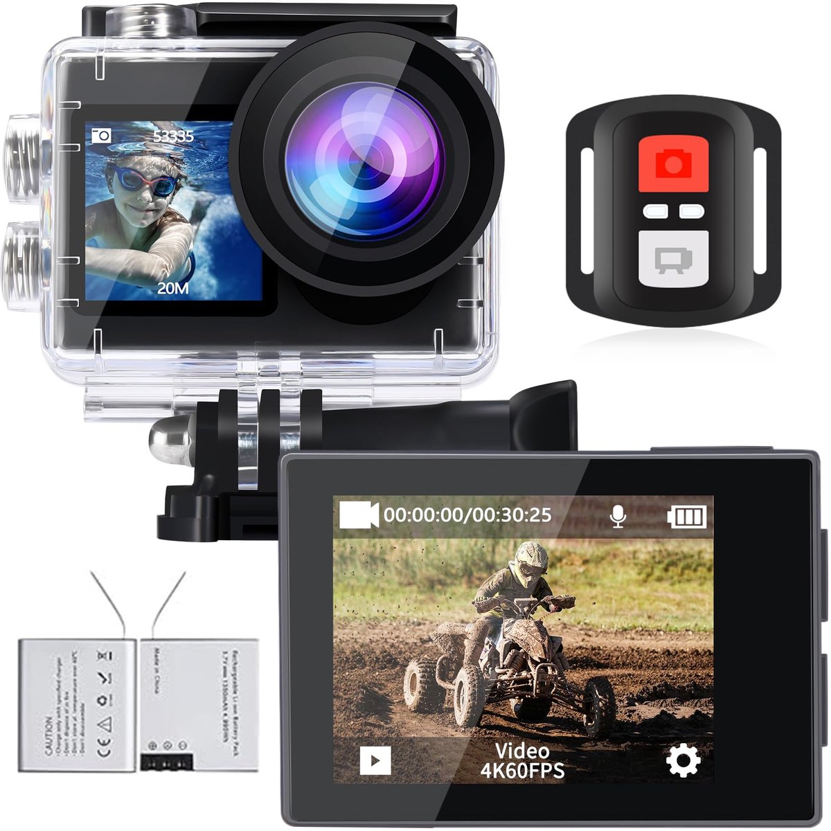 SnelShoppen - Action Cam 4K Onderwatercamera, Waterdicht tot 40m, Ultra HD 20 MP, 170 Graden Ultra-Groothoek, Wifi-Camcorder met EIS-Stabilisatie en D