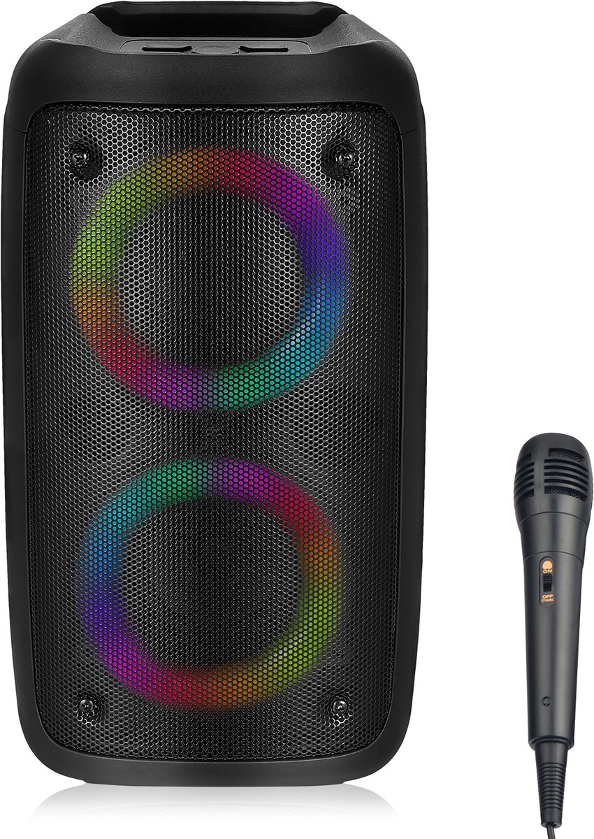 Draadloze Speaker met LED-verlichting – 2.1 Kanaals Stereo, Hoog Volume, Incl. Microfoon – Draagbaar met Handvat – Geschikt voor Buiten, Camping