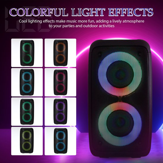 Draadloze Speaker met LED-verlichting - 2.1 Kanaals Stereo, Hoog Volume, Incl. Microfoon - Draagbaar met Handvat - Geschikt voor Buiten, Camping — afbeelding 4