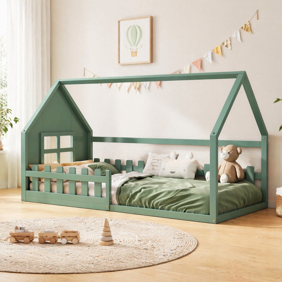 COVREO Kinderbed 204,3x96,5 cm - groen, huisvorm, grenen en MDF, geschikt voor matras 90x200 cm
