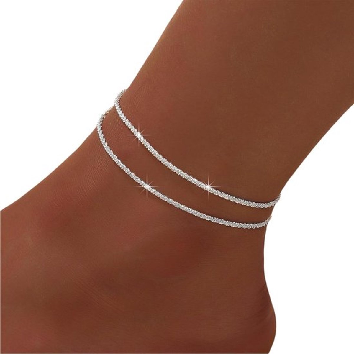 Dubbel enkelbandje voor dames, 925 zilver, elegante en fonkelende sieraden, hoogwaardige enkelbandjes met zilveren afwerking.