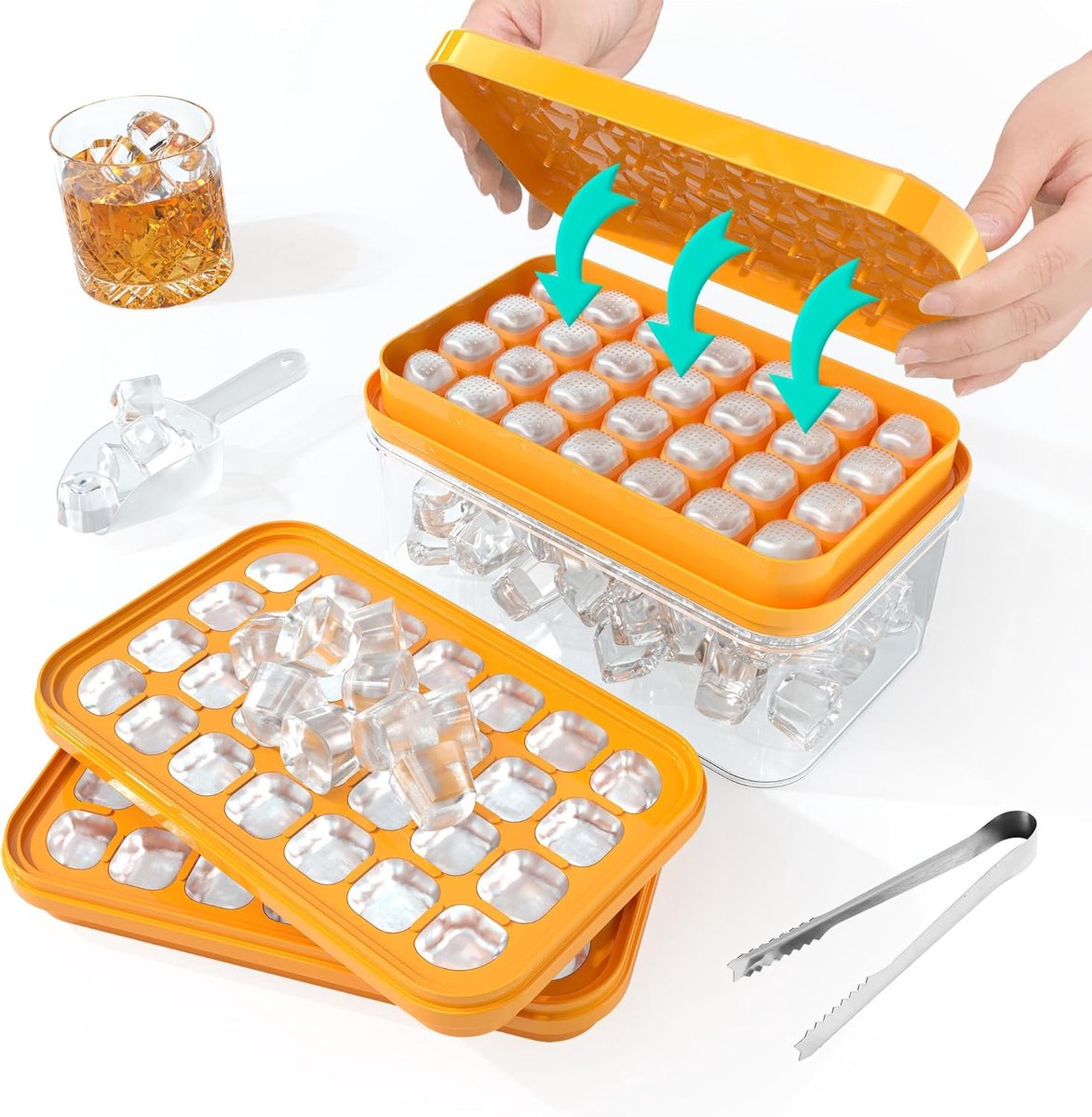 SnelShoppen - IJsblokjesvorm met Deksel - BPA-vrije Siliconen, Stapelbaar, Inclusief Lepel en Tang - Perfect voor Cocktails, Whisky en Feesten - Oranj