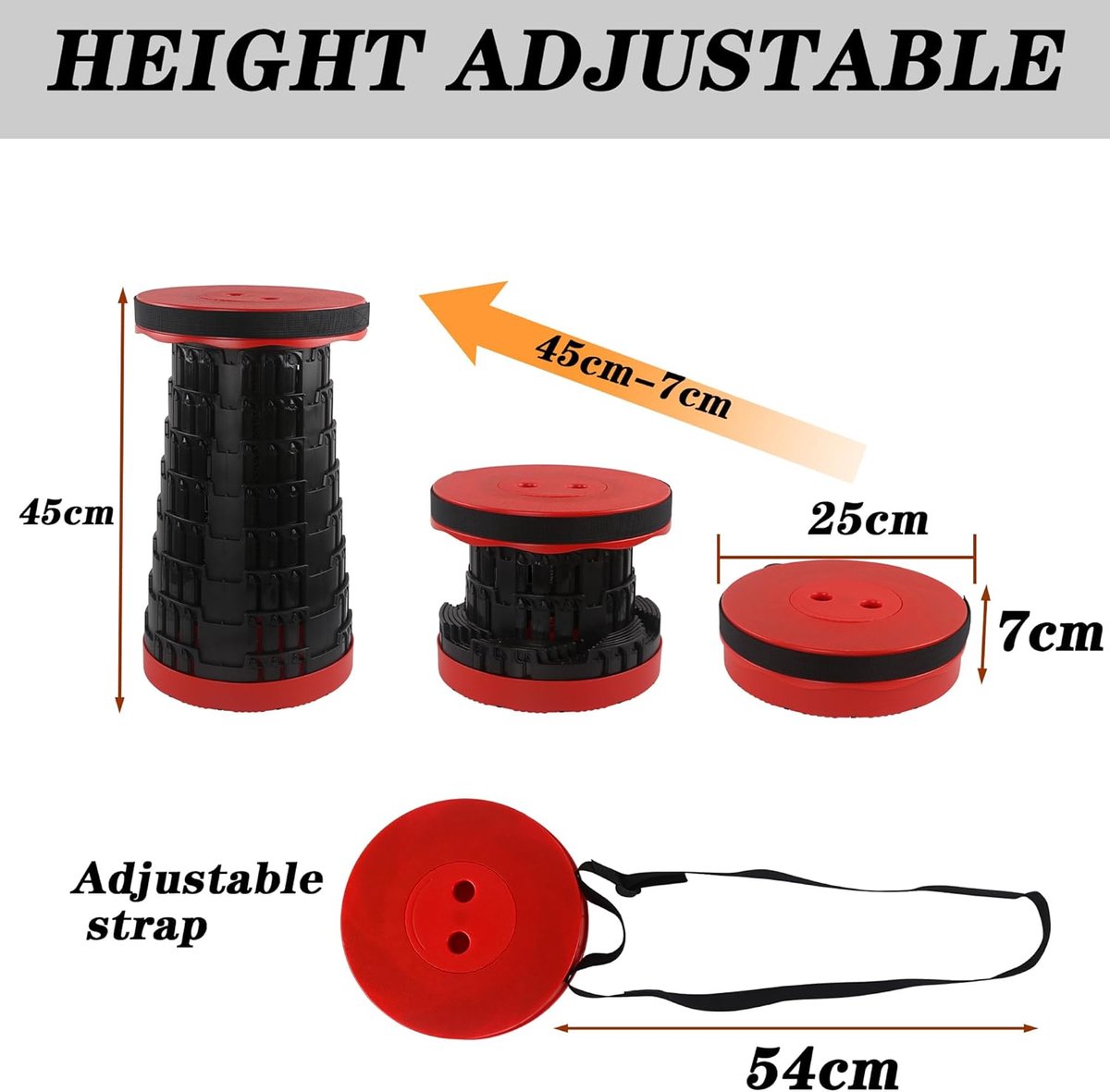 SnelShoppen - Draagbare Telescopische Opvouwbare Kruk - Lichtgewicht Campingstoel voor Volwassenen - Robuust en Verstelbaar van 7cm tot 45cm - Max. 21