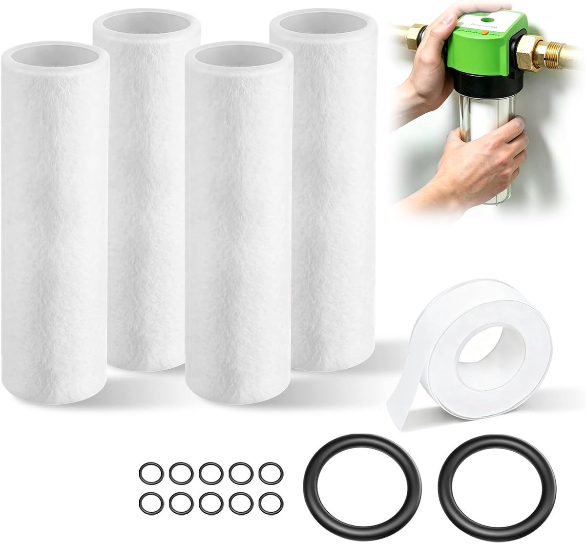 SnelShoppen - 4 stuks Vervangingsfilters 80 µm voor Waterfilter, Dikke Filterwatten, Inclusief Teflonband en Rubberen Ringen, Ideaal voor Huishouden,