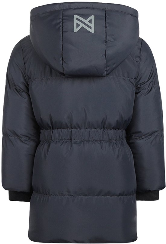 Donkerblauwe Koko Noko meisjes parka jas, achterkant met capuchon en reflecterend logo.