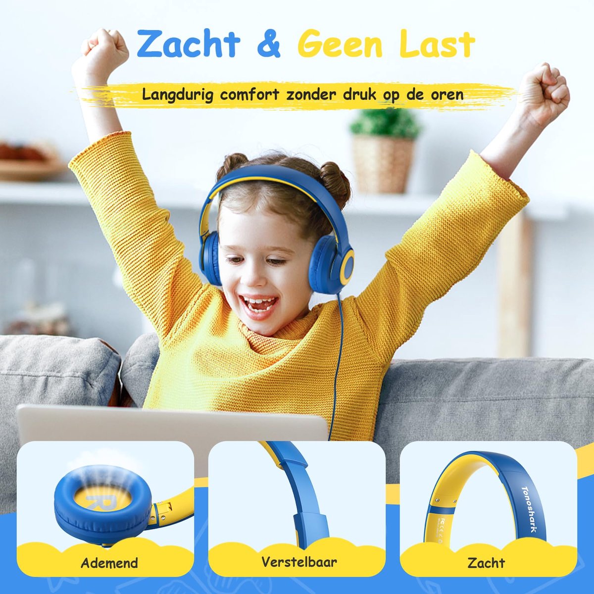 SnelShoppen - TONOSHARK Kinderen Koptelefoon met Microfoon - Volume 85/94dB - Opvouwbaar - 3,5mm Jack - Voor School, Reizen, Blauw - Inclusief Etui