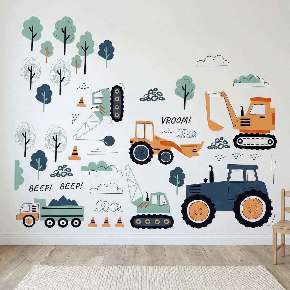SnelShoppen - Muurstickers Voertuigen voor Kinderkamer - 3 Vellen Wanddecoratie met Tractoren, Vrachtwagens, Kraanwagens en Graafmachines - Speelse Bo