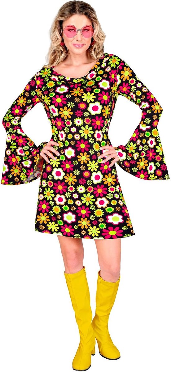 SnelShoppen - 60s Hippie Dress, Flower Power Kostuum voor Carnaval, Retro Jaren 60 Outfit, Korte Jurk met Trompetmouwen in Kleurrijke Bloemenprint voo