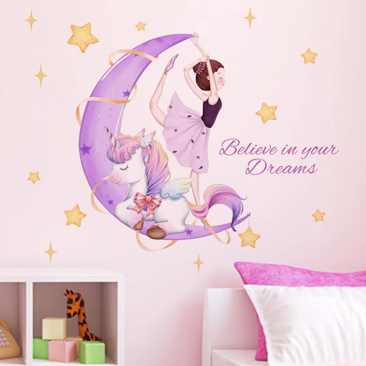 SnelShoppen - Unicorns Muurstickers Meisjes, Sterren en Maan Wanddecoratie, Inspirerende Citaten, DIY Verwijderbare Vinyl Wandkunst voor Kinderkamer,