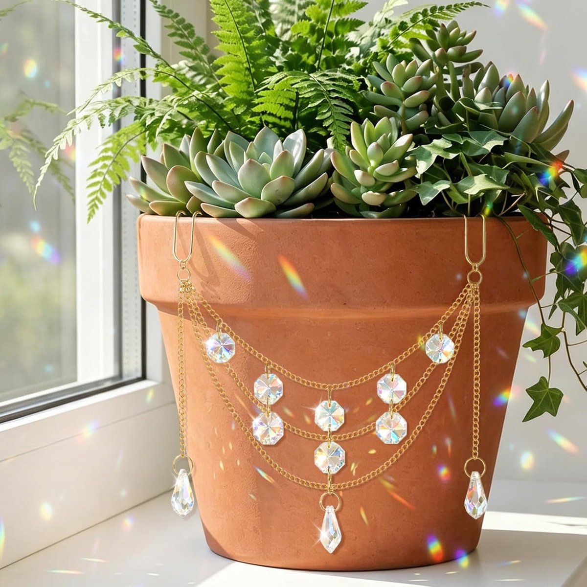 SnelShoppen - Elegante Kristallen Zonnevanger met Parels en Glas - Druppelvormige Regenboog Lichtvanger voor Kamerplanten, Gouden Parels, Plantenhange