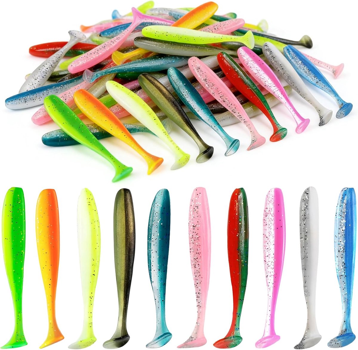 SnelShoppen - 100 Rubber Vissen 7 cm Set van 10 Kleuren - Rubber Aas voor Baars, Snoekbaars, Forel, Hengelsport, Visaccessoires