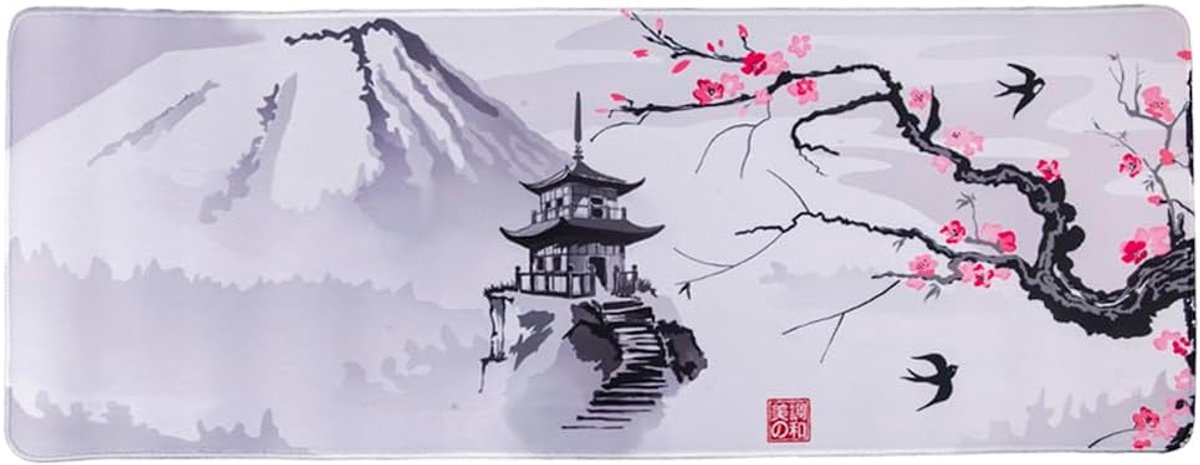 SnelShoppen - XXL muismat - Japanse kersenbloesems - Pagode & Mount Fuji - 800 x 300 x 3 mm - Waterbestendig & Antislip - Bureau Decoratie - Cadeau Id