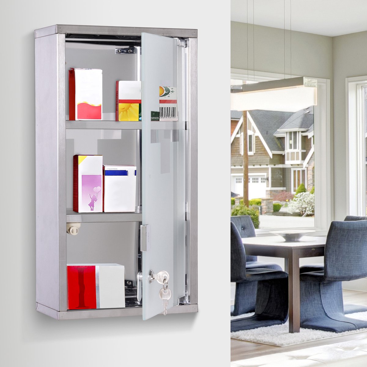 COVREO Medicijnkast 25 x 12 x 48 cm - zilverkleurig roestvrij staal, afsluitbaar met 3 vakken