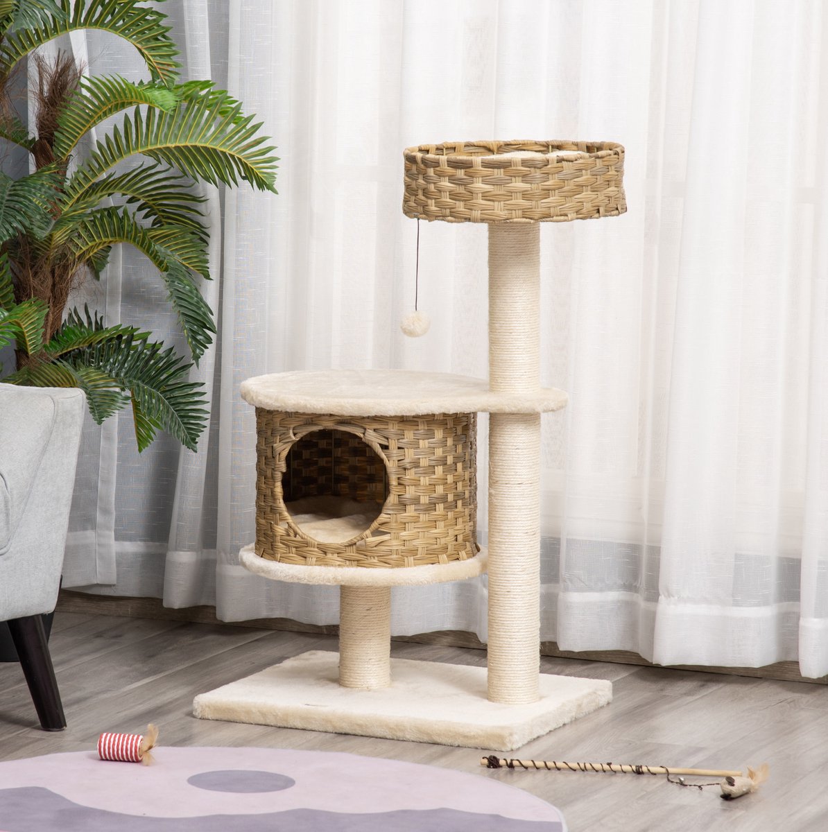 COVREO Krabpaal 55 x 47 x 95 cm - met kattenhuisje, sisal, pluche en hangende speelbal