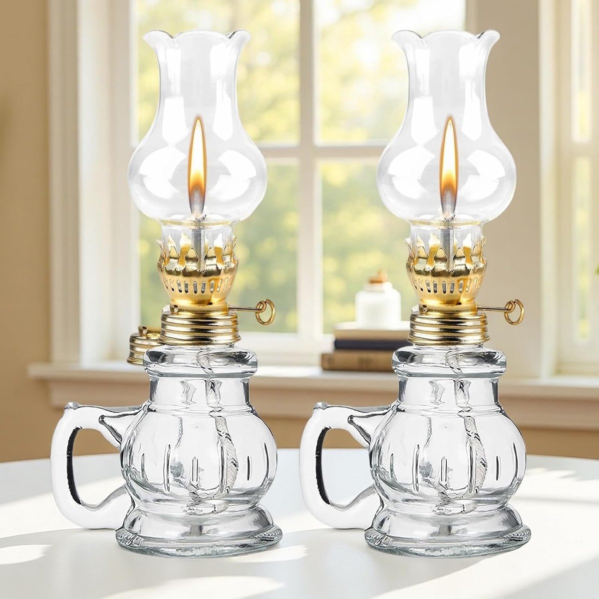 SnelShoppen - 2 Pcs Vintage Petroleum Lamp Kerosene Lamp met Verstelbare Helderheid - Robuuste Glazen Olielamp voor Woonkamer, Tuin, Camping, Feest, N