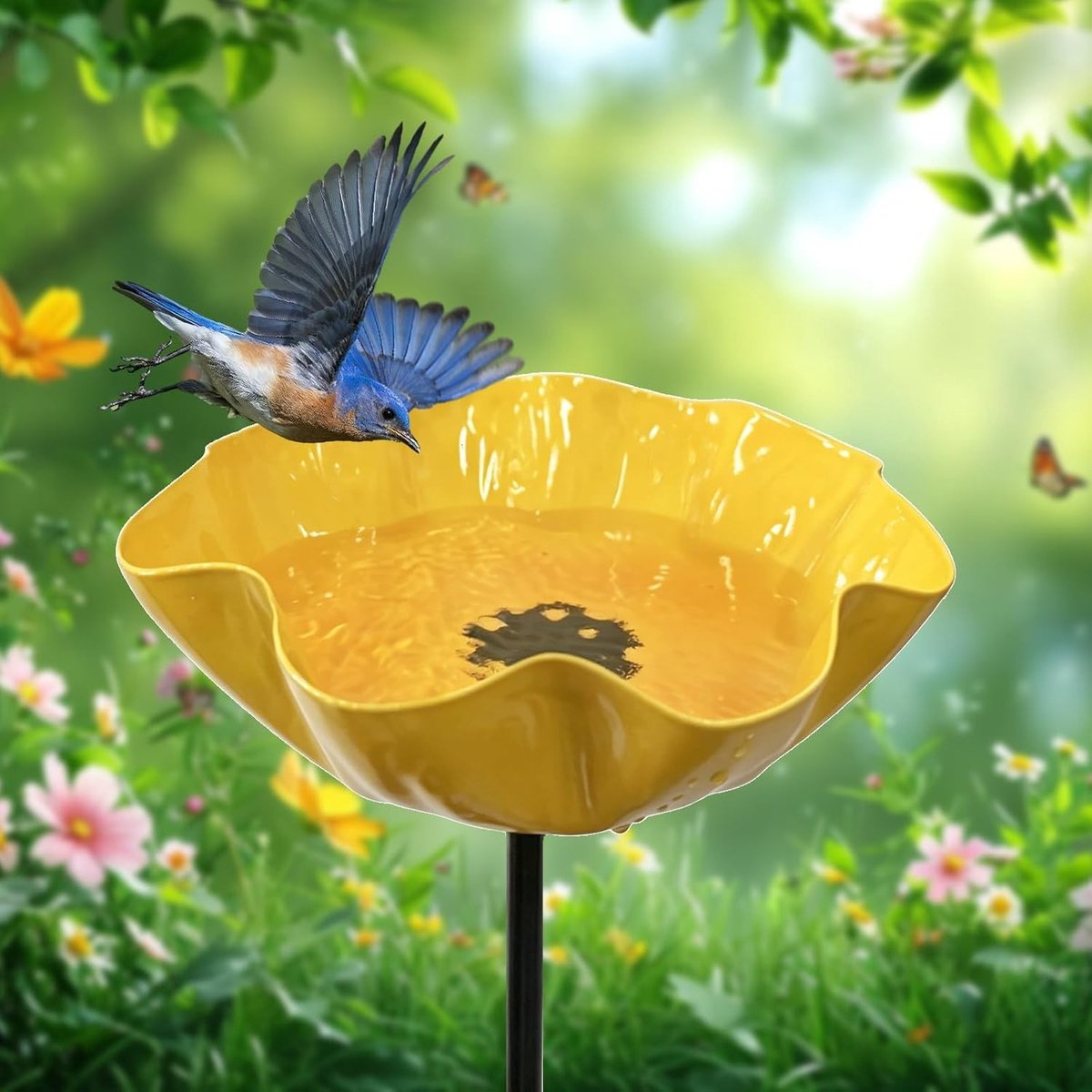 Stijlvol metalen vogelbad met bloemenschaal, ideaal als bijenbad en insectenbak voor tuin, balkon en terras, perfect voor tuindecoratie en natuurvriendelijke buitenruimtes (geel/1 stuk)