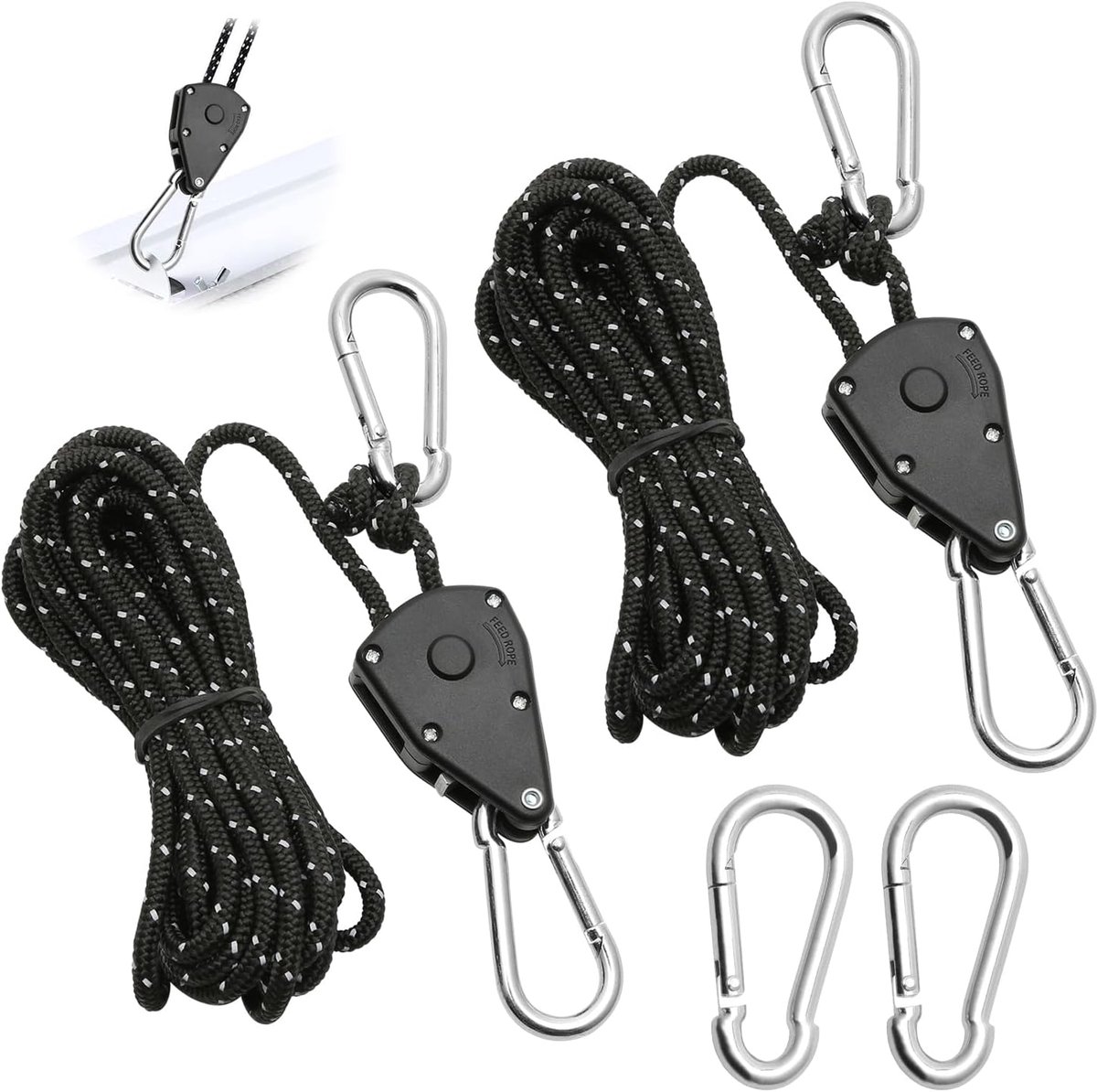 SnelShoppen - 2 Pcs Verstelbare Touw Ratchet 4 m Kabel Pulley 1/8 Inch met 3 Vervang Riemen Metaal Windbestendig Zwart voor Ophangen van Planten Lampe