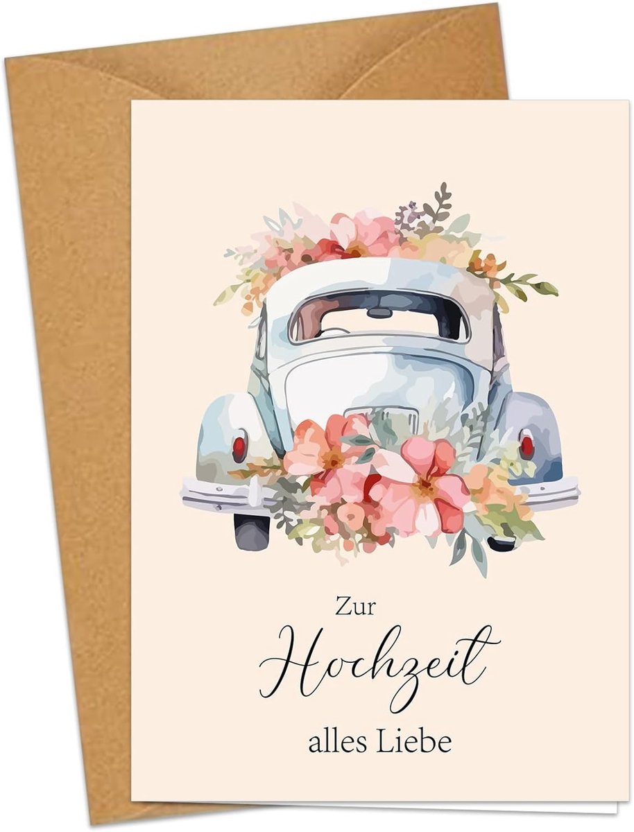 SnelShoppen - A6 Vouwkaart Huwelijk Waterverf - Premium Trouwen Kaart met Envelop - Elegante Wenskaart met Auto, Bloemen en Ringen voor Bruiloft - Per