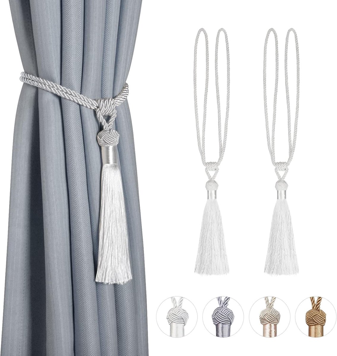 SnelShoppen - 2 Stuks Gordijn Tiebacks Handgebreide Tassel Gordijnhouders Met Vlechtkoord Polyester Katoen Wit Voor Thuis Decoratie