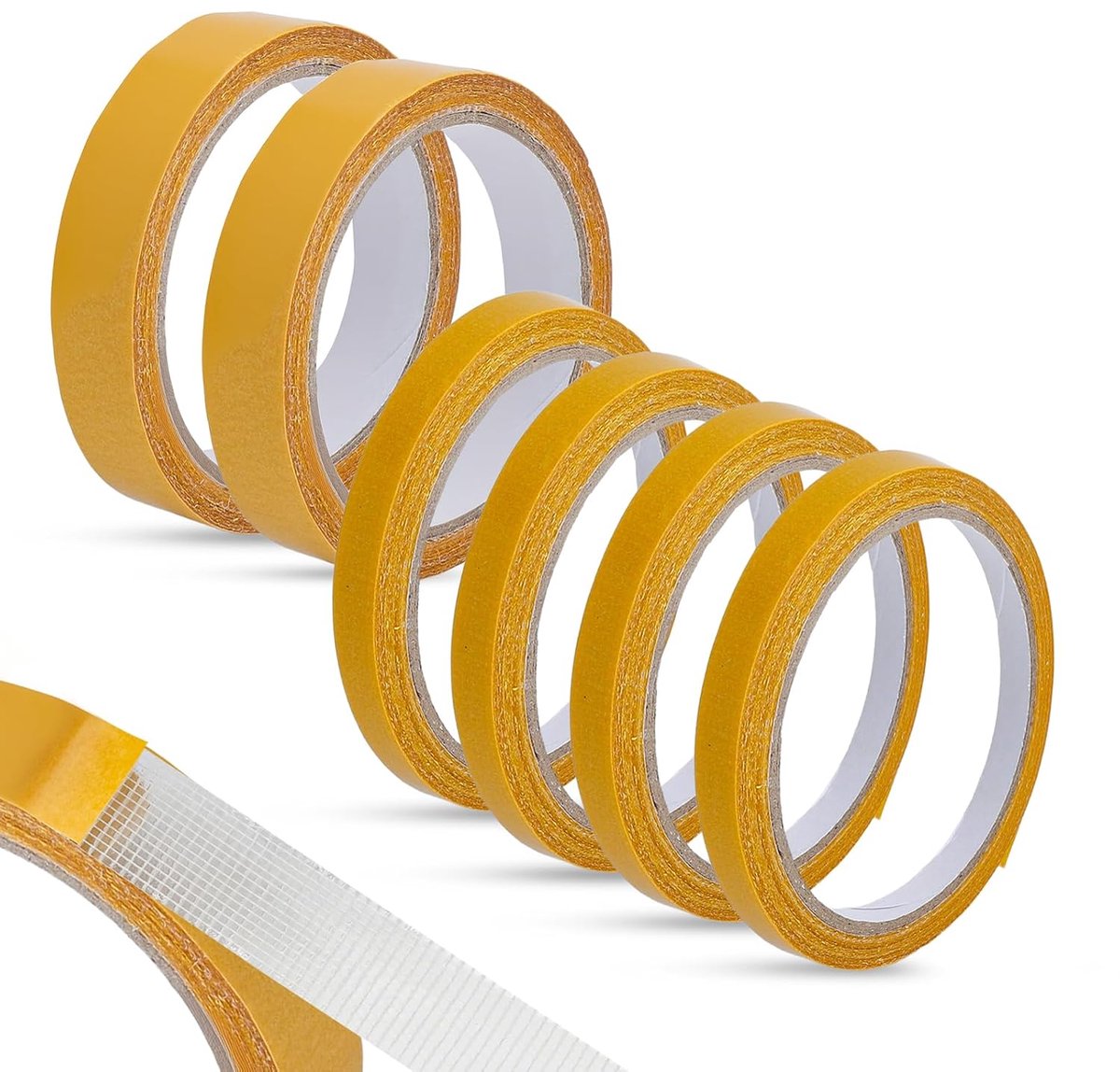 SnelShoppen - Extra Sterk Dubbelzijdig Plakband voor Stof, Hemtape voor Strijken, Voor Gordijnen en Broeken Inkorten, Geel, 6 Rollen 4x1cm en 2x2cm x