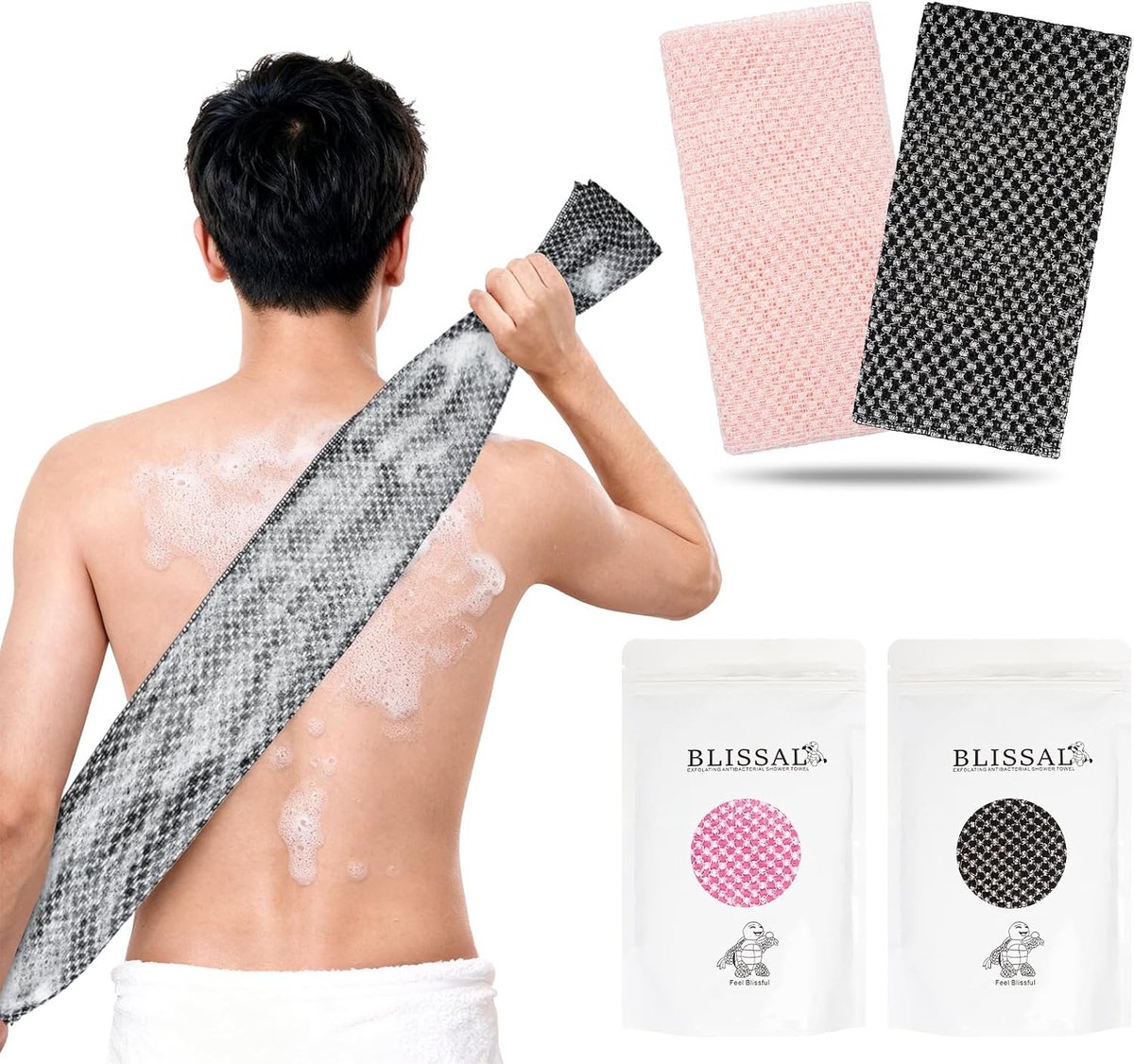 SnelShoppen - Exfoliërende Antibacteriële Douchetowel voor Glad Huid, Rug en Lichaam, 2 Pack (Roze + Zwart) - Voor Mannen en Vrouwen