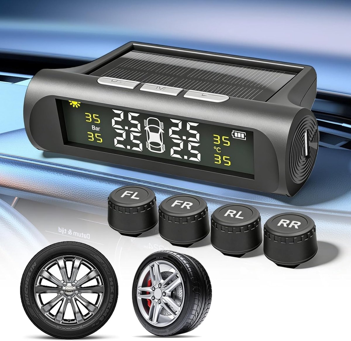 SnelShoppen - TPMS Banden Druk Monitoring Systeem - IPX7 Waterdicht, Digitale Display, Zonne-energie & USB Opladen - Inclusief 4 Buiten Sensores voor