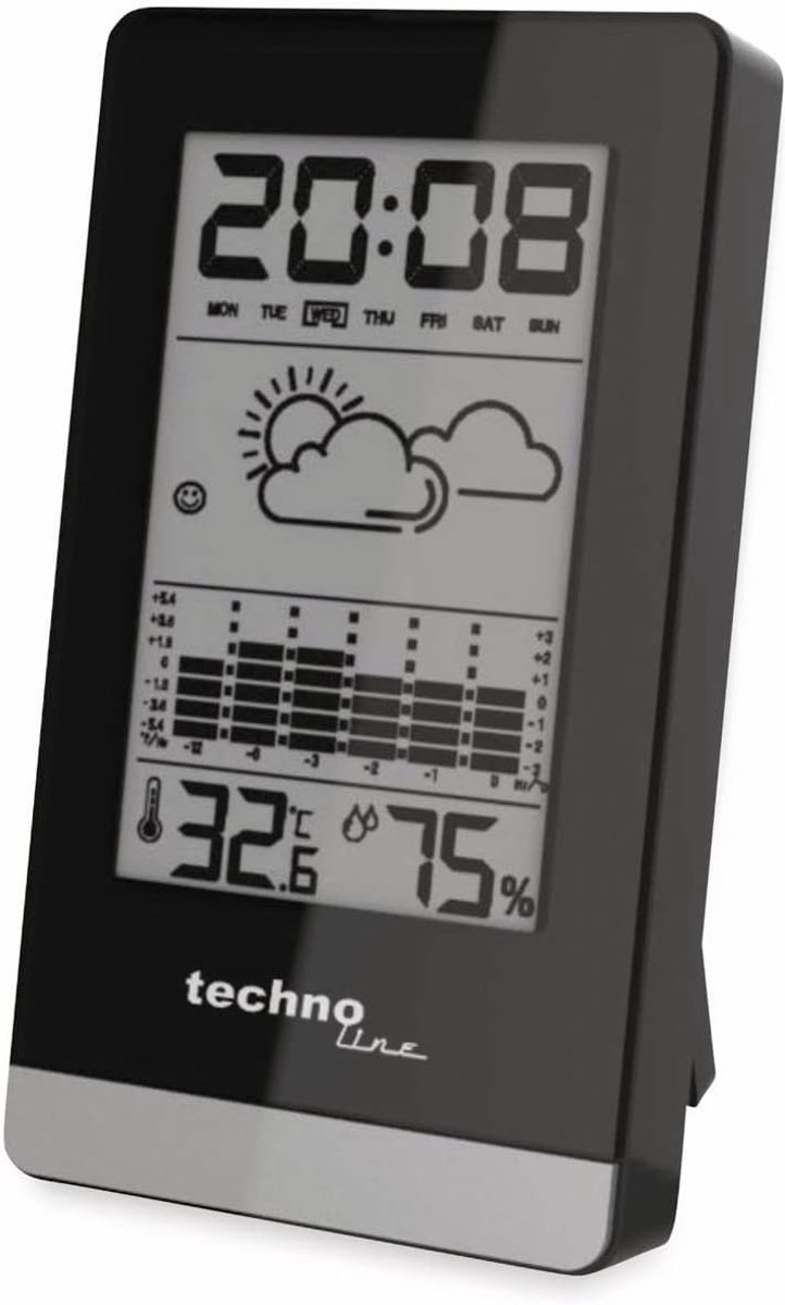 SnelShoppen - Technoline WS9125 Weerstation - Modern Zwart/Zilver - Binnen- en Buitentemperatuur - Voorspelling Weer - Alarm met Snooze - Blauwe Achte