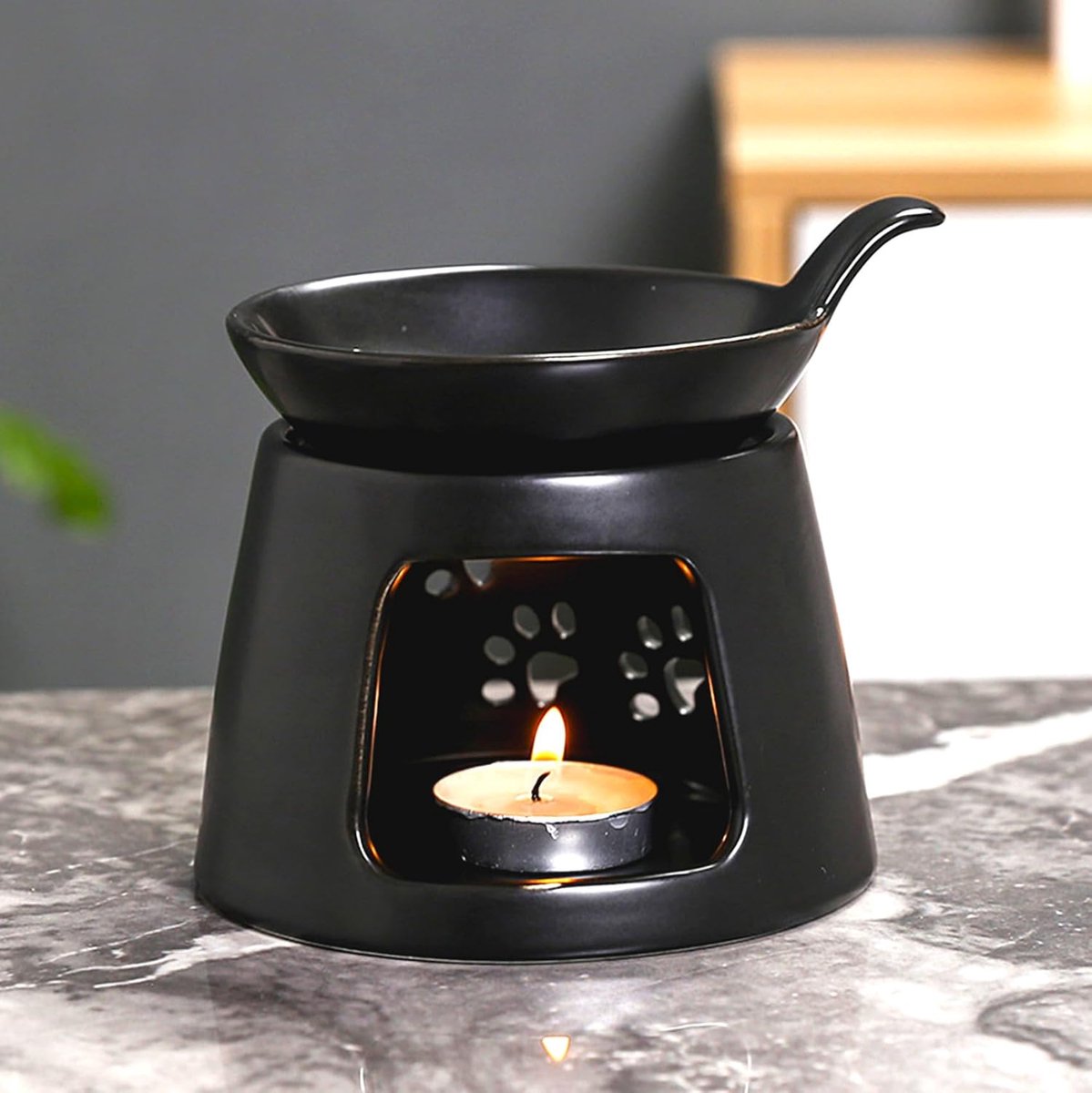 SnelShoppen - Ceramic Essential Oil Burner - Wax Melt Branders Aromatherapie Diffuser - Kandelaar voor Woonkamer, Slaapkamer, Kantoor - Zwart, 12x12x1