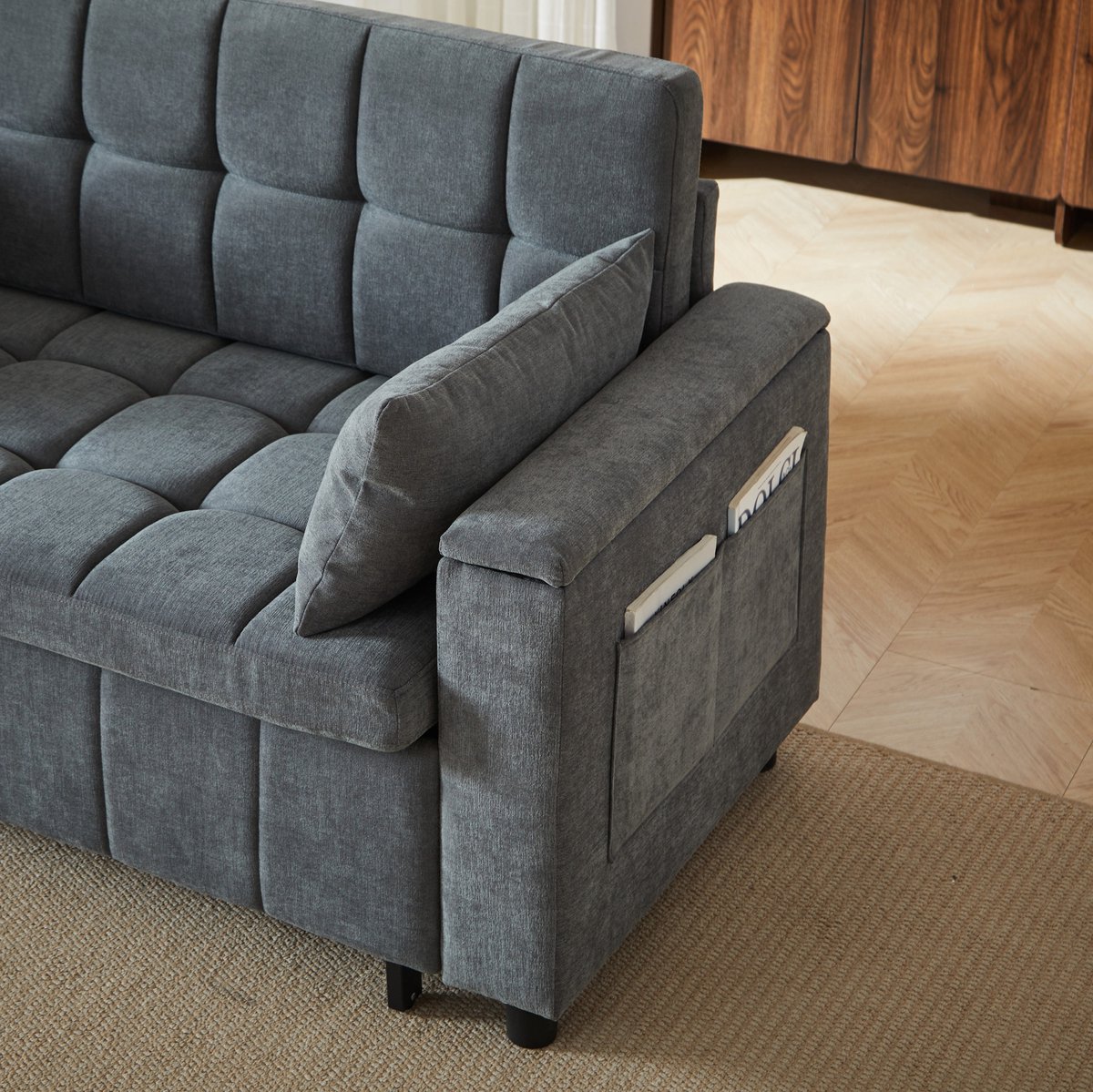 MEUNIQ 2-zits slaapbank met opbergruimte in de armleuningen, zijvakken, uitklapbaar logeerbed en metalen frame in grijs chenille voor woonkamer en logeerkamer