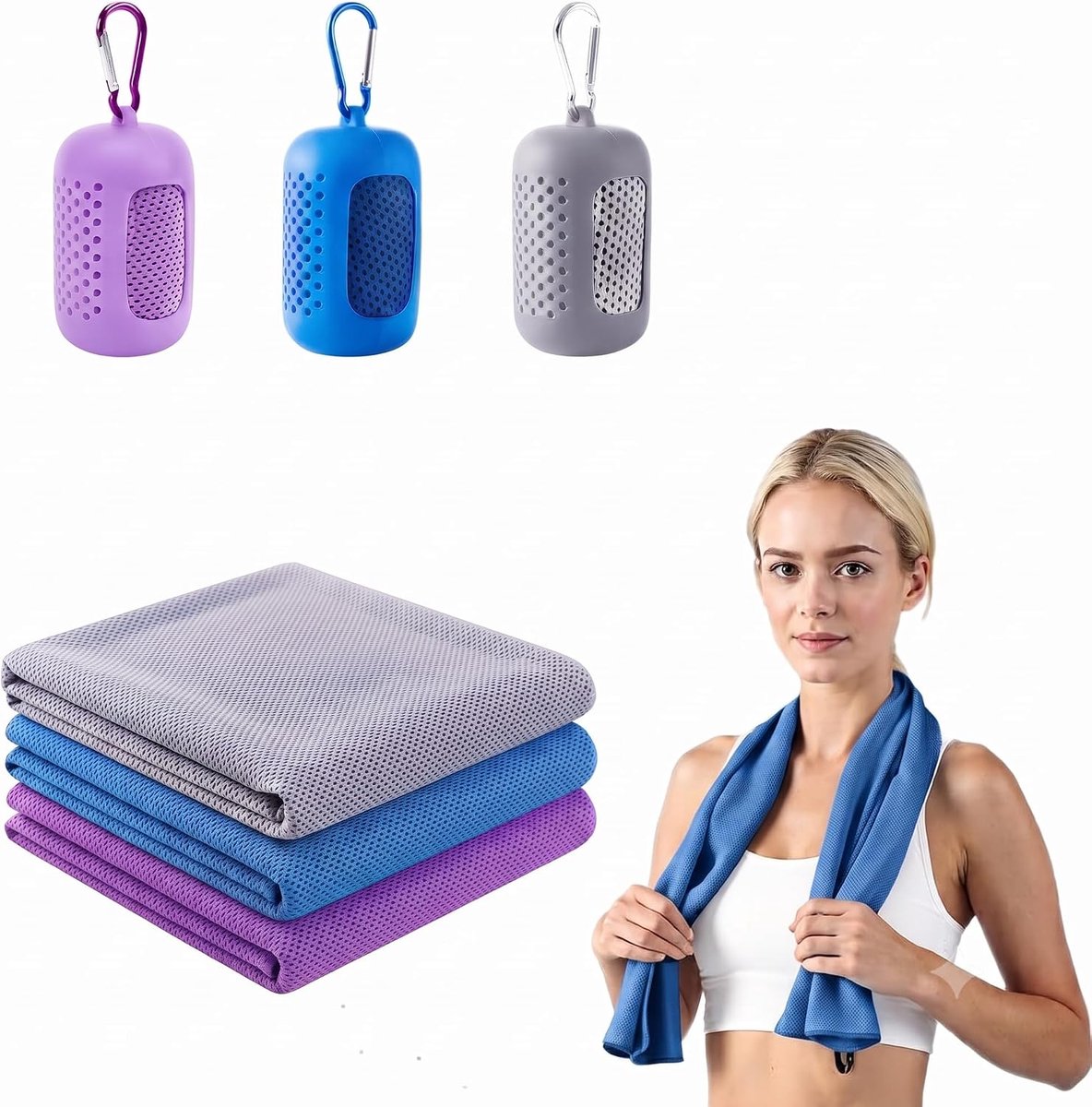 Bobypet - 3-Delige Koelhanddoek 90x30 cm - Sneldrogende Sport Handdoek Microvezel - Met Draagtasje voor Fitness, Yoga en Buitenactiviteiten - Blauw & Grijs & Paars