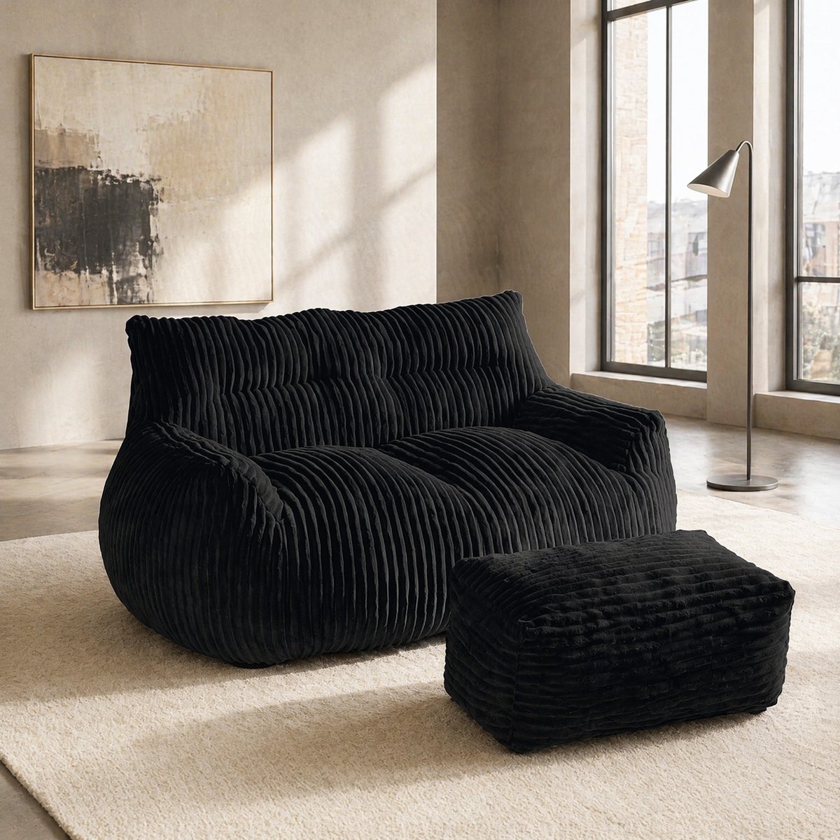 COVREO Zitzak met ottoman 135x100x75 cm zwart, ribstof met rugleuning