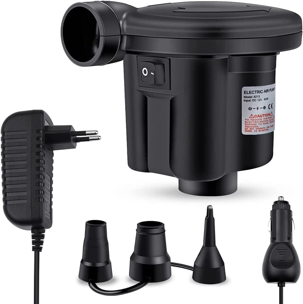 SnelShoppen - Elektrische luchtpomp, AC/DC, 350 l/min, met 3 sproeiers, voor luchtbedden, zwembaden, camping, tuin, zwart