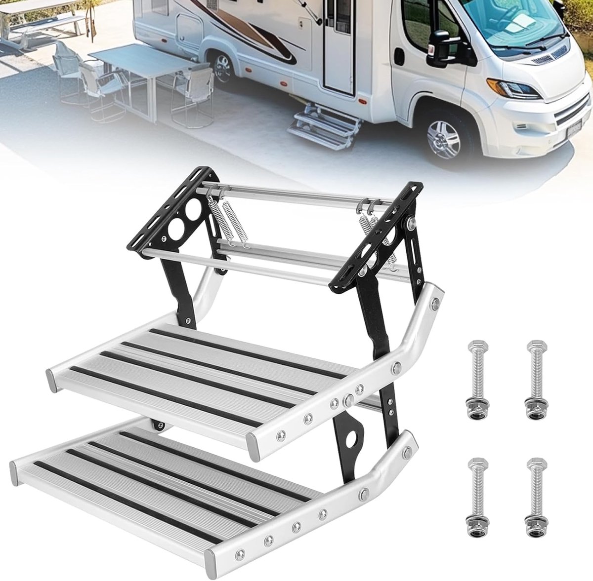 SnelShoppen - 2-Trede Vouwladder Aluminium Leger, Handmatig Opvouwbaar met Telescopische Trap, Uitbreidbaar, Antislip voor Motorhome en Caravan