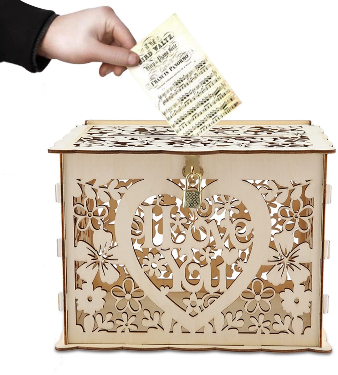 Omgoods- Bruiloftskaartendoos Houten - Geschenkdoos met Sleutel - Uniek Hol Ontwerp - Opvouwbaar - 25 x 20 x 18,2 cm - Voor Feesten