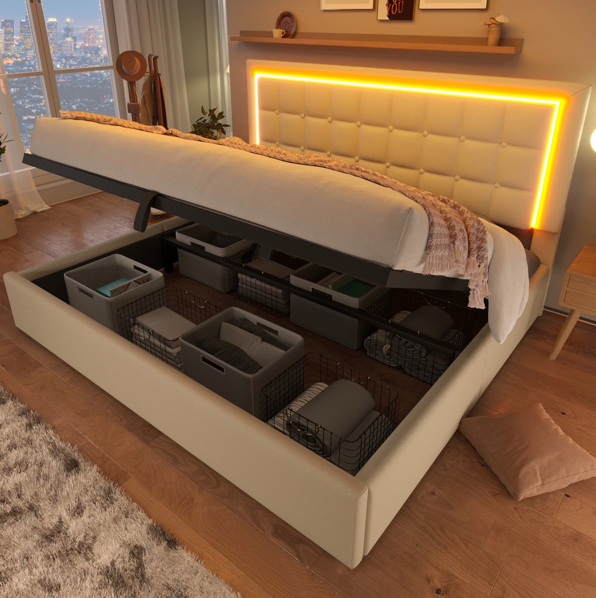 MIVRAY Bed 140x200 cm - Tweepersoonsbed Met LED Verlichting en Opbergruimte - Zonder Matras - Kunstleer, Hout en Metaal - Wit