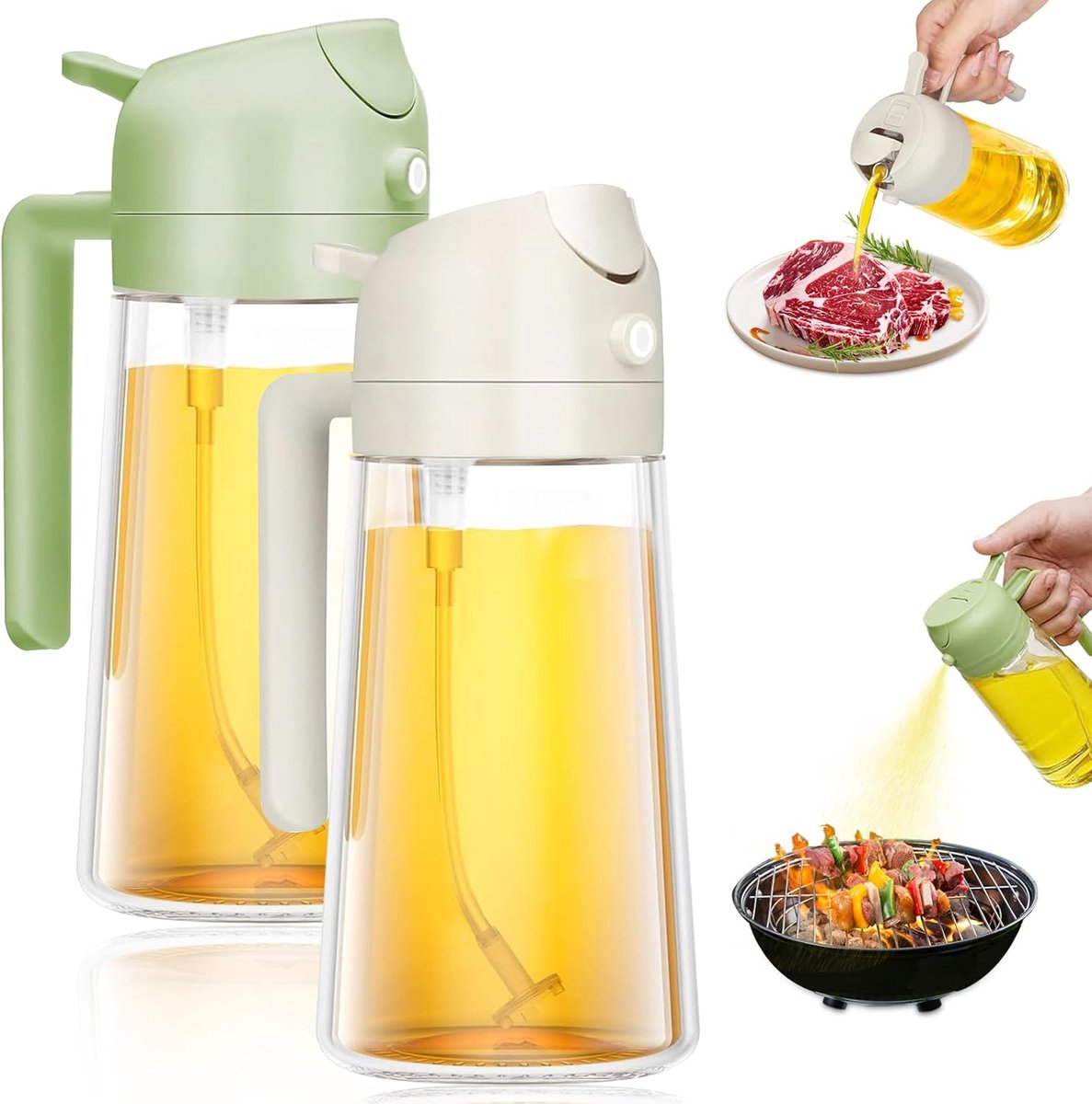 2-in-1 olieverstuiver met spuitfles, 470 ml glas, wit + groen