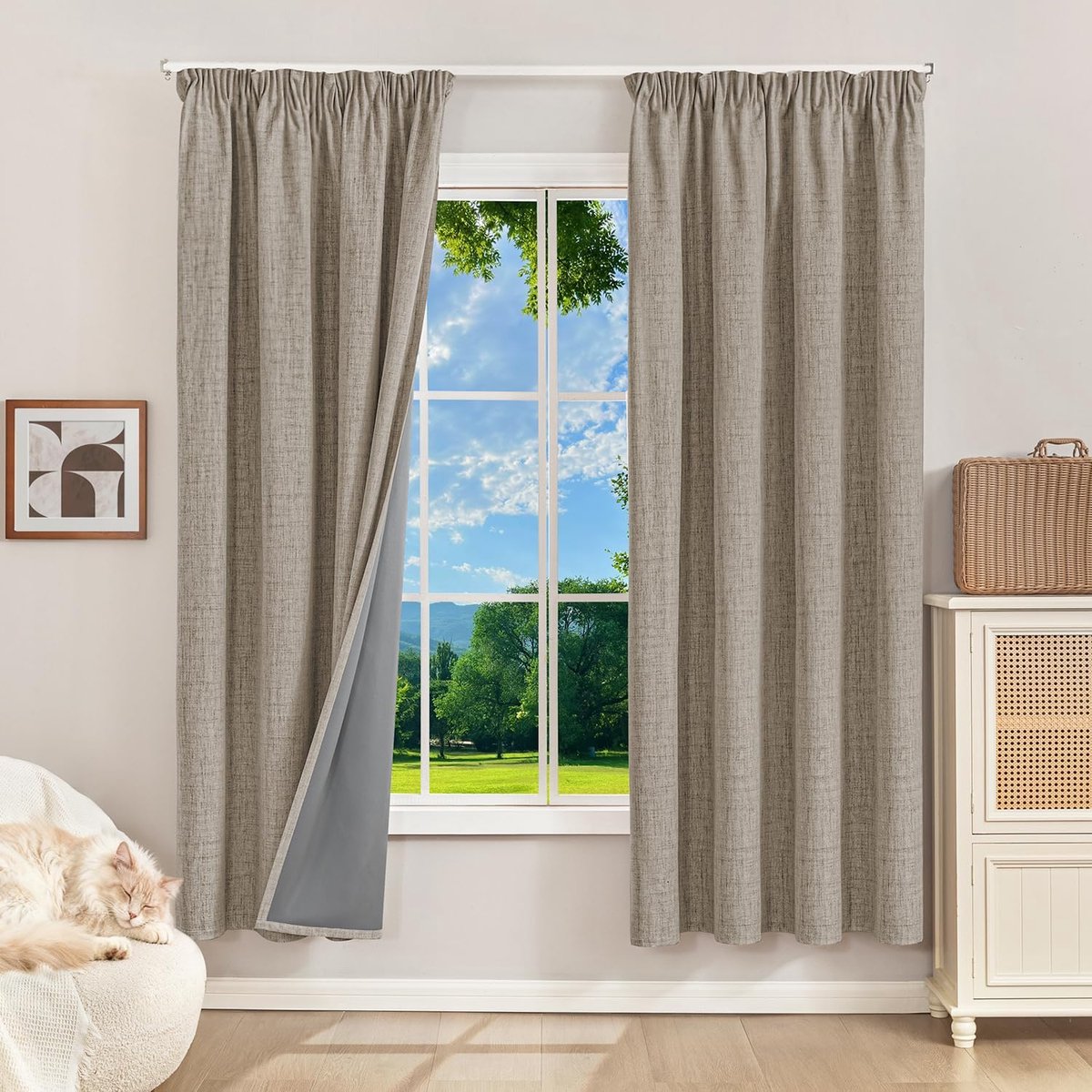 100% verduisteringsgordijnen thermogordijnen koudebescherming gordijnen met plooiband 175 x 140 cm (HxB) set van 2, linnenlook gordijnen ondoorzichtig linnen, schuifgordijnen