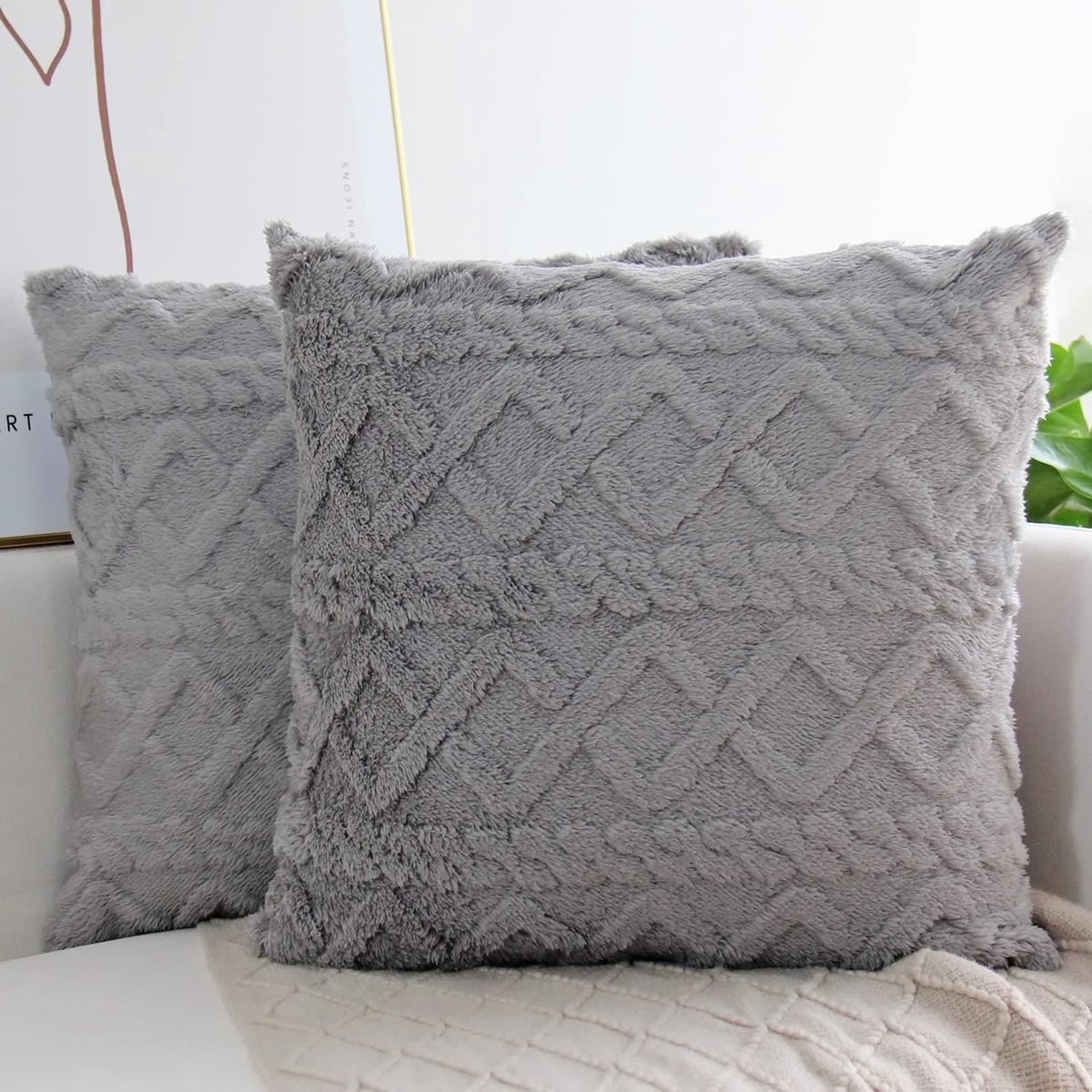 Omgoods - Set van 2 Velours Kussenhoezen 50x50 cm - Donkergrijze Geometrische Patronen