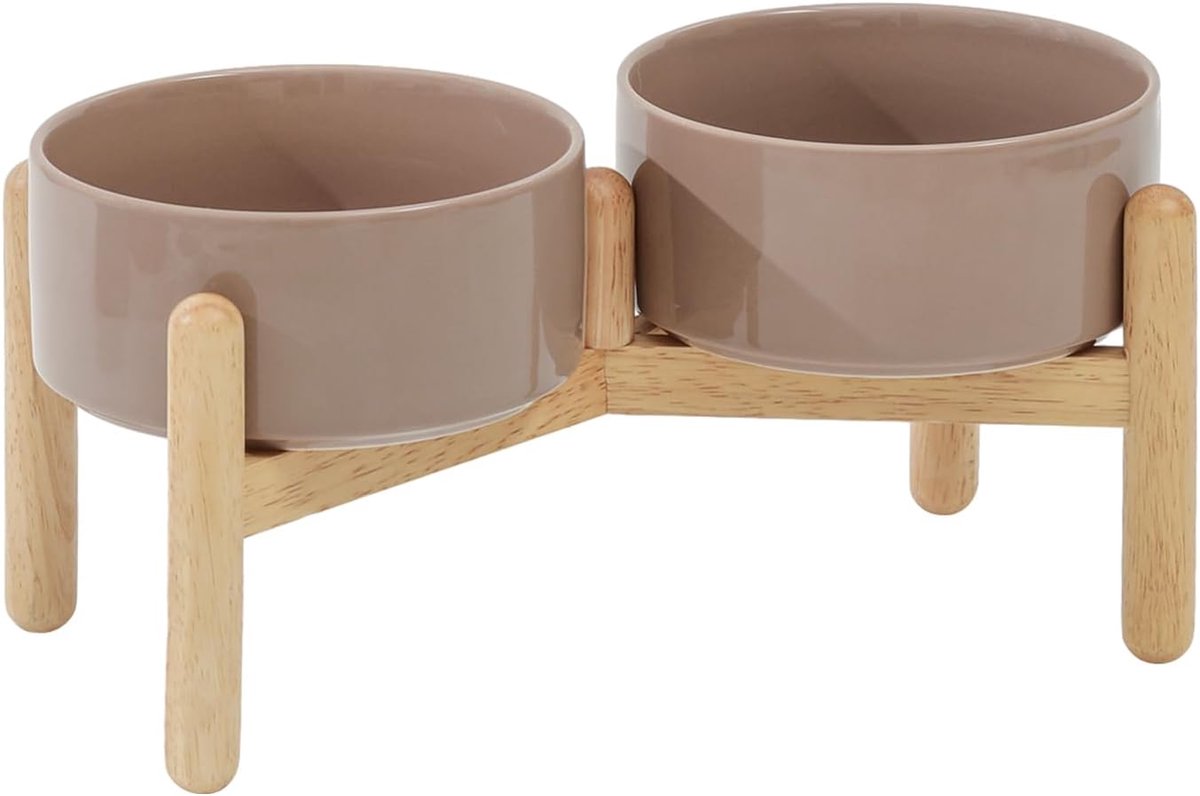 Keramische 15,5 cm verhoogde hondenbak met standaard voor kleine en middelgrote rassen hondenschotel huisdiervoer en waterbak (dubbele kom met standaard - bruine koffie, 28 oz)