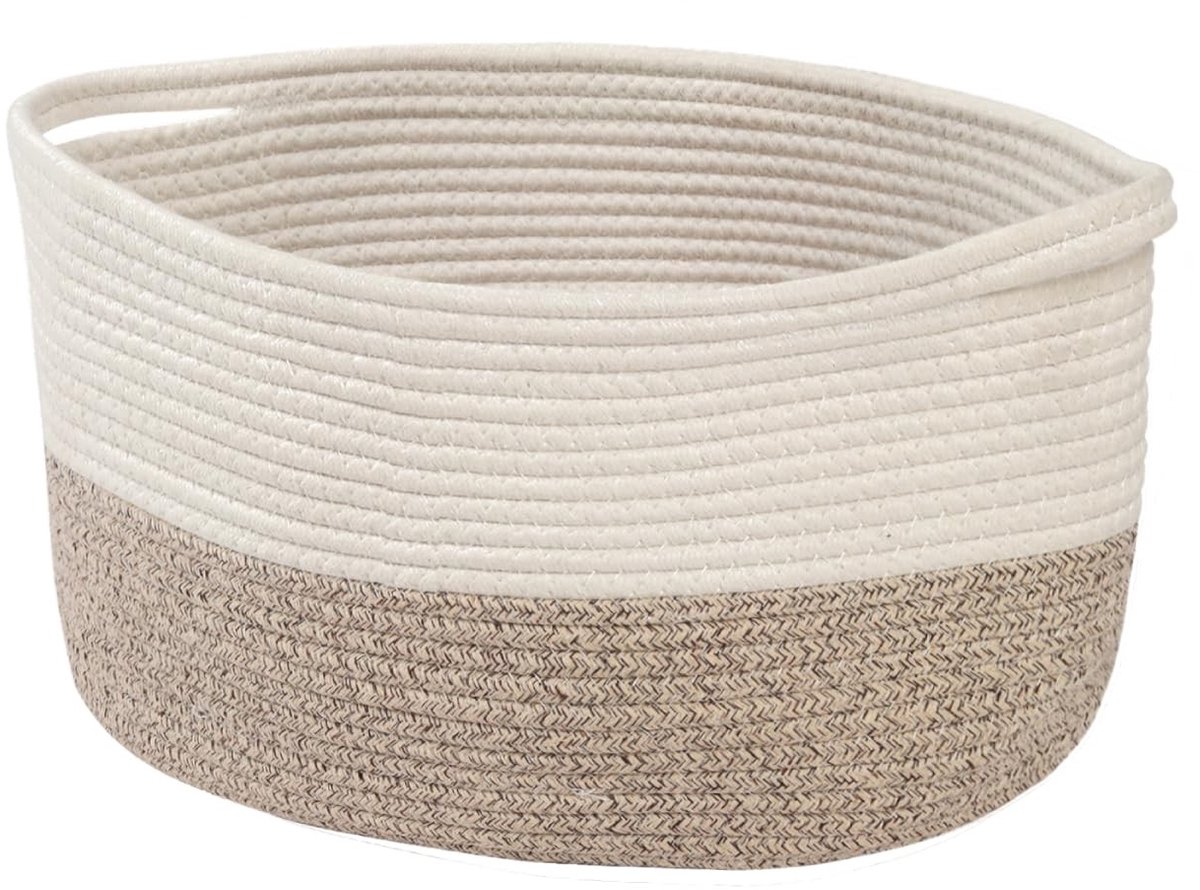 Omgoods - Katoenen Geweven Opbergmand met Handvat - 14''×11''×10'' (Wit/Bruin)