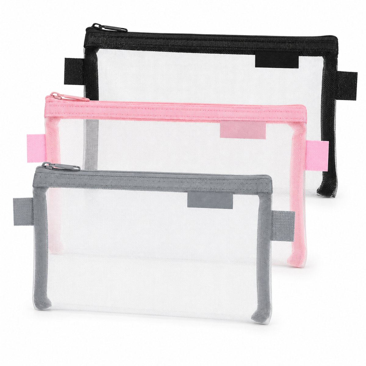 VHV - Transparant Etui 3 Stuks - Mesh pennenetui met ritssluiting voor school, cosmetica en reizen - Multicolor