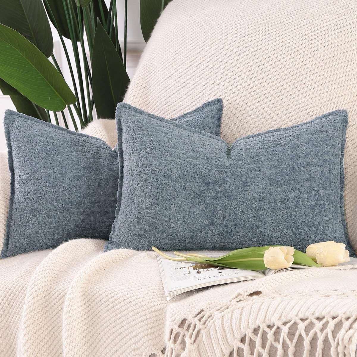 Omgoods - Chenille Kussenhoezen Set van 2 - 40x80 cm in Blauw voor Boho Interieur