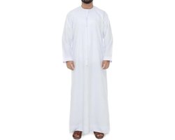 thobe voor mannen, witte moslim Kandura met ronde hals, traditionele Arabische Dishdasha lange mouwen, handgenaaide etnische kleding uit het Midden-Oosten voor Ramadan