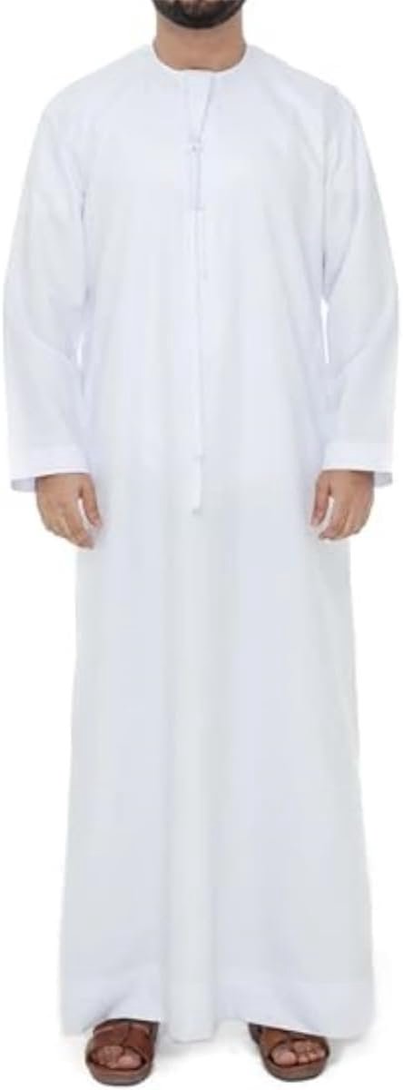 thobe voor mannen, witte moslim Kandura met ronde hals, traditionele Arabische Dishdasha lange mouwen, handgenaaide etnische kleding uit het Midden-Oosten voor Ramadan