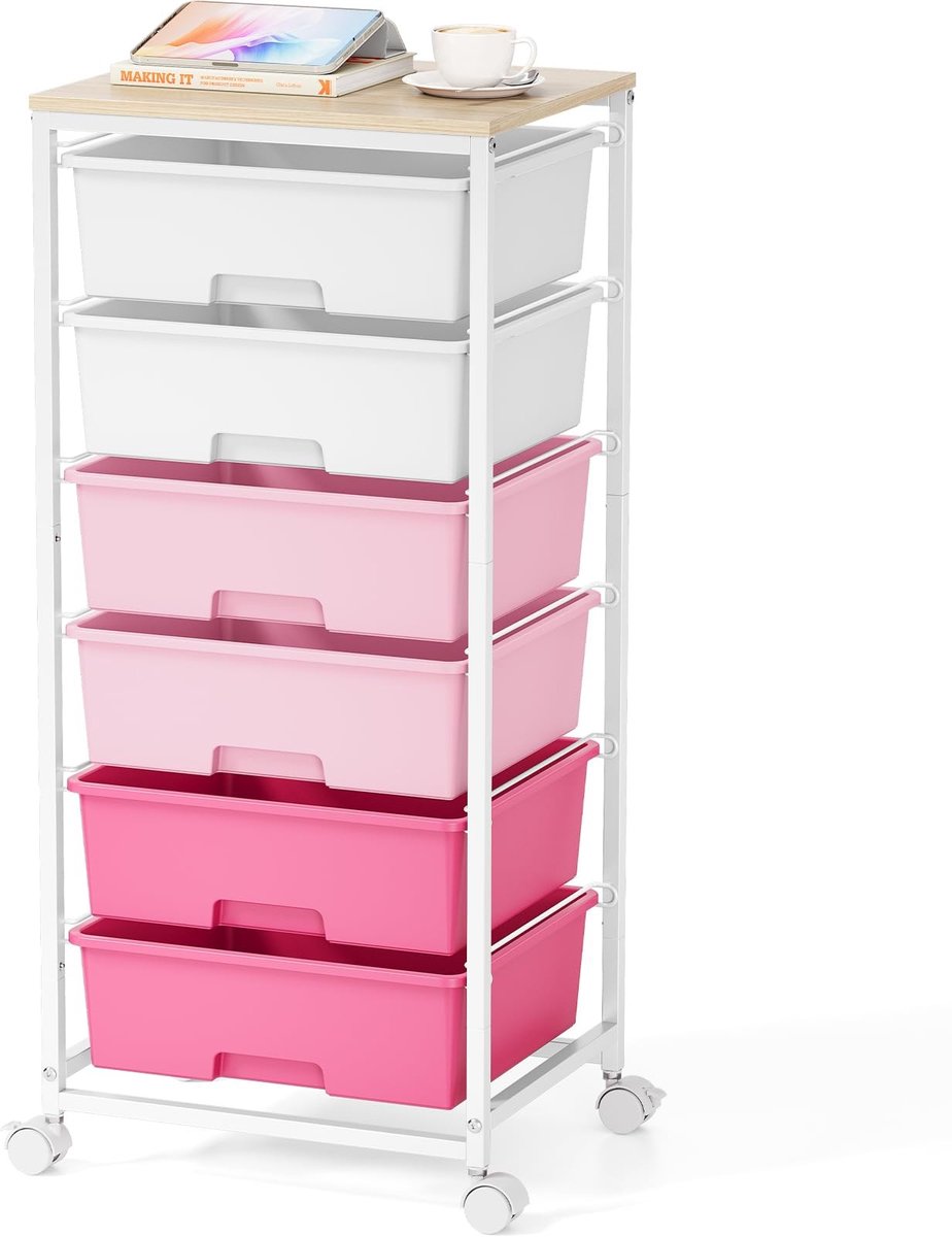 Omgoods - Mobiele Opbergwagen met 6 Laden - Sterke Plastic Rollcontainer met Houten Bovenblad