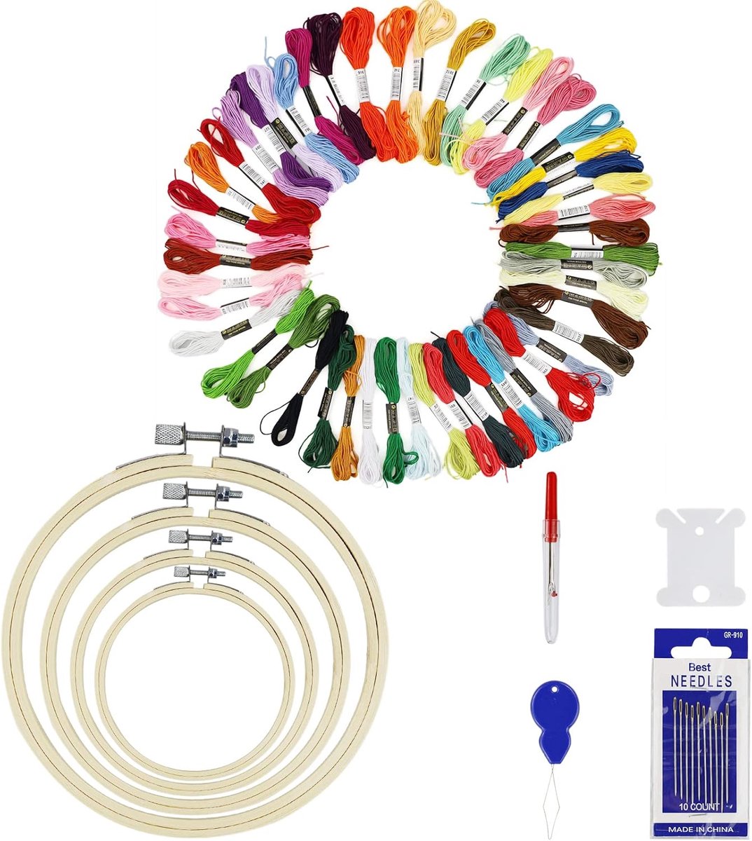 Borduurset voor beginners, 50 kleurdraden, 4 stuks bamboe borduurframe, kruissteekgereedschap voor volwassenen en kinderen, beginners