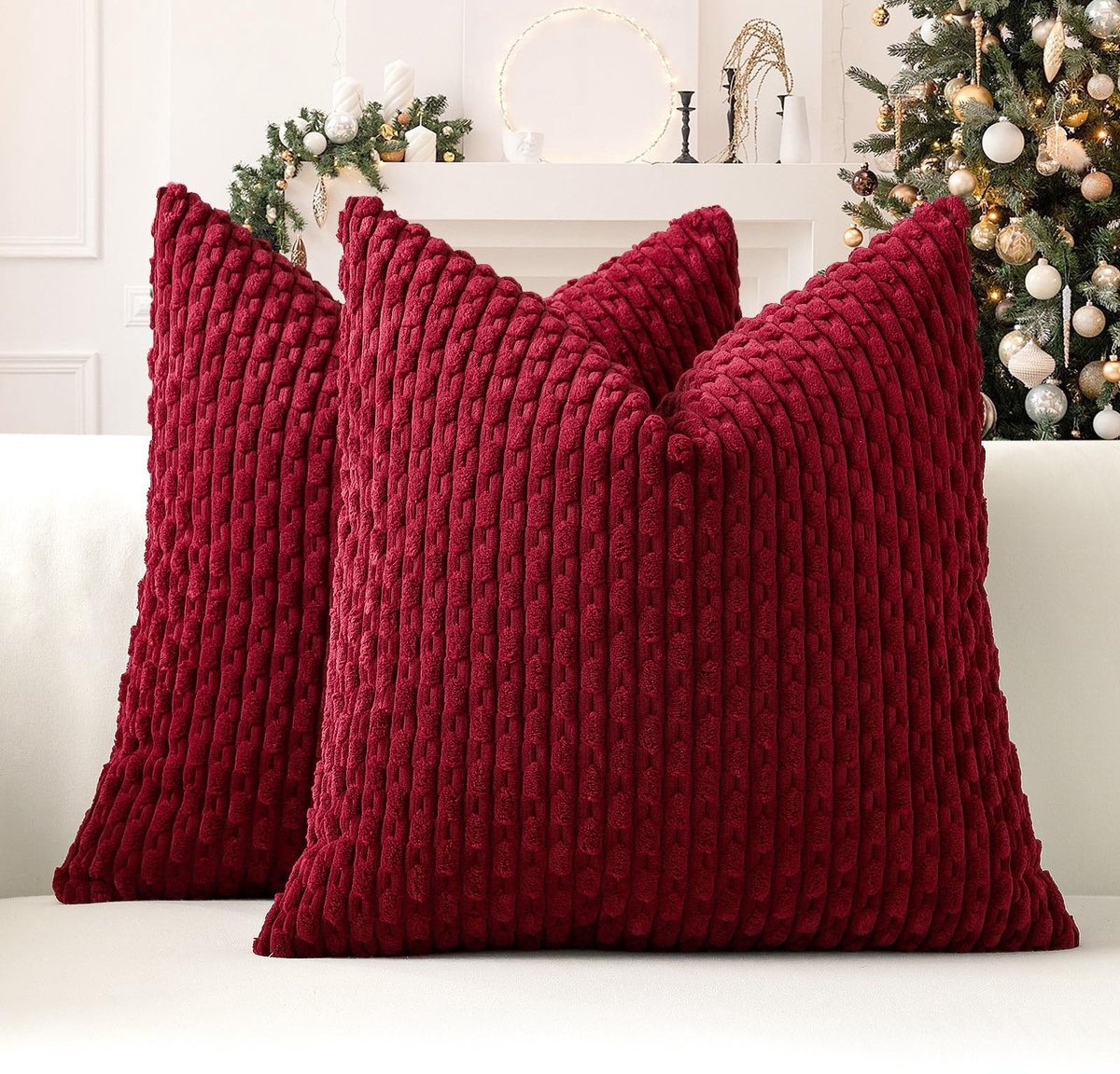 Omgoods - Set van 2 Wijnrode Zachte Corduroy Kussenhoezen - Boho Gestreepte Decoratie voor Woonkamer