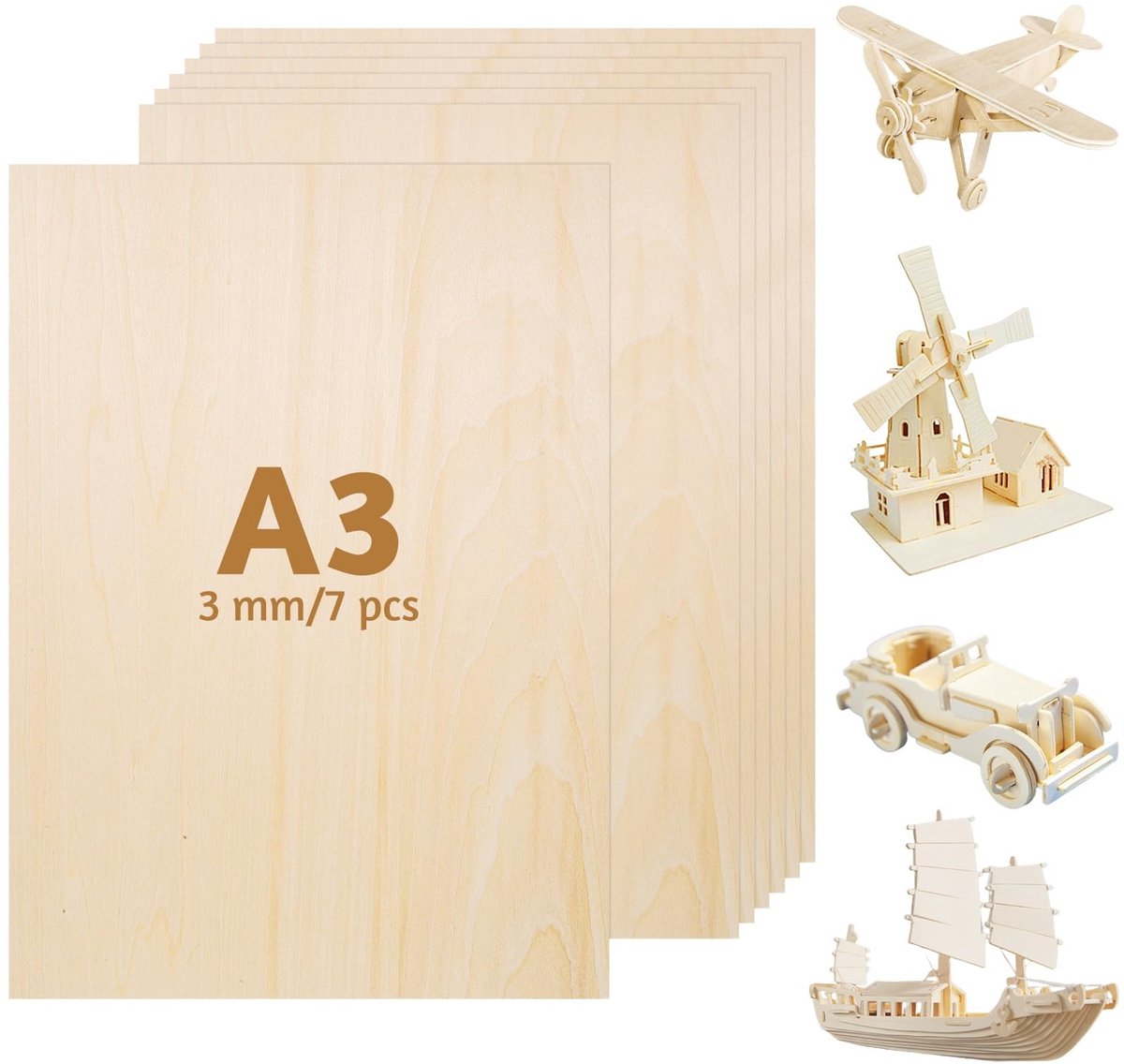 Omgoods - Set van 7 Plywood Panels - 3 mm, 42 x 30 cm voor Creatieve Klussen