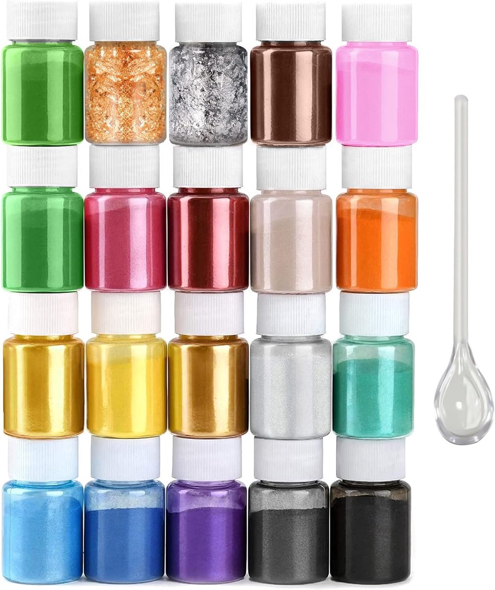 poeder epoxyhars, 20 kleuren x 10 g parelglans, natuurlijk cosmetisch pigment met bladgoud, geschikt voor zeepverf, nagellak, make-up, epoxyhars, kaarsen, badbom, slijm
